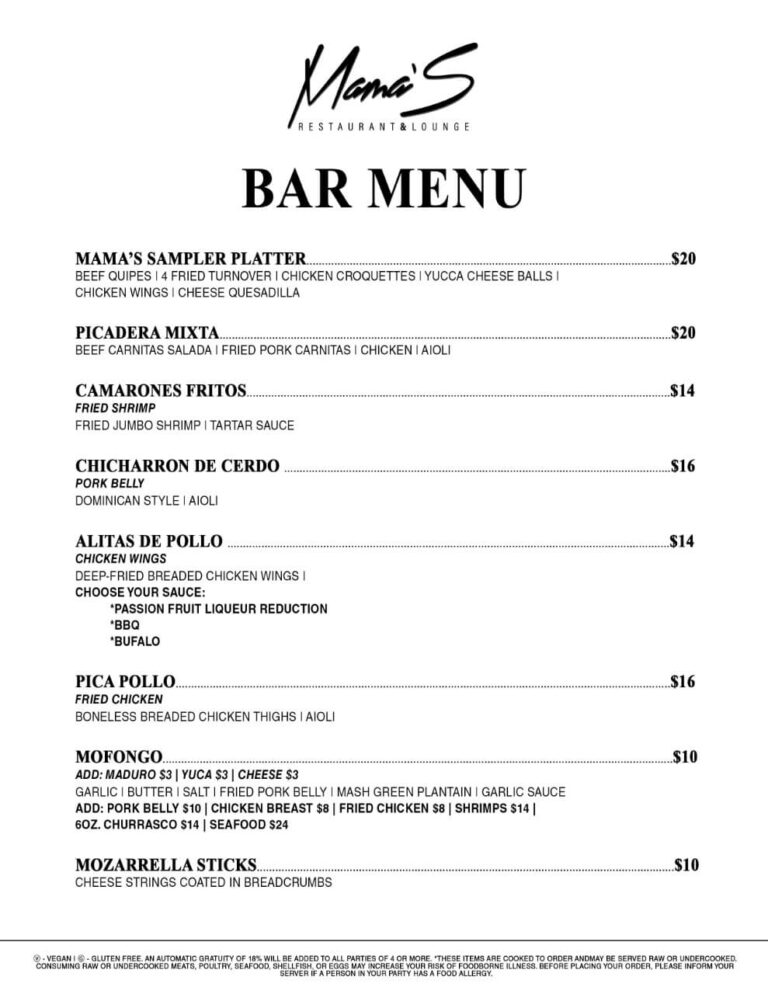Bar Menu Mama's Restaurant & Lounge