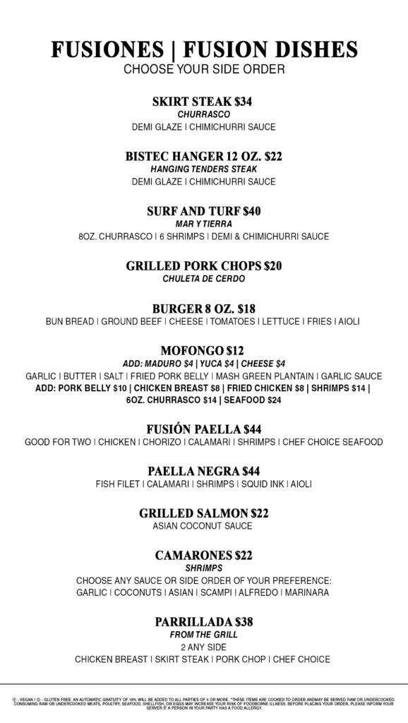 Fusion Menu Mama's Restaurant & Lounge